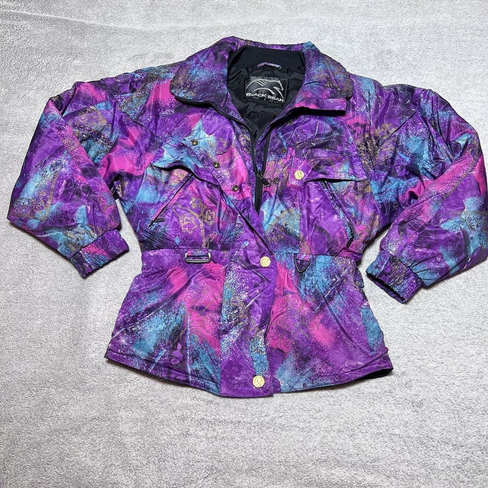 Vintage Black Bear Ski Jacket Womens 8 Purple Abstract Splash All Over Print 80s
